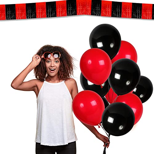 Image of 6 Pack 10 Feet Black Red Foil Fringe Garland Metallic Tinsel Streamers Banner Wall Hanging Curtain Backdrop Banner for Parade Floats, Thanksgiving, Christmas, Birthday, Halloween Party Decorations