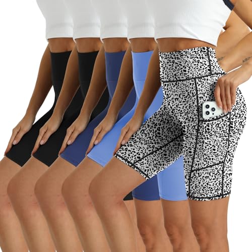 Women's High Waisted Biker Shorts 5 Pack - Tummy Control Yoga Workout Shorts with Pockets