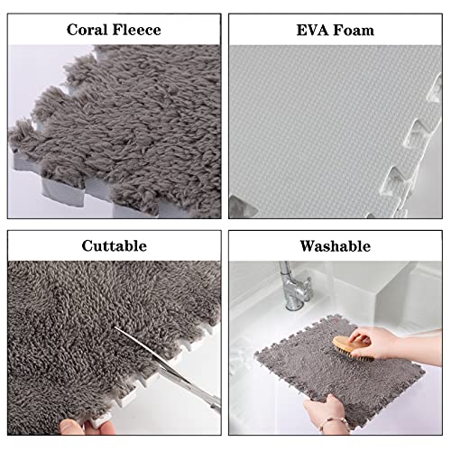 12-Piece Thickened Plush Foam Interlocking Floor Mat 0.6" Thick- Fluffy Square Interlocking Foam Tiles With 12 Edgings Soft Anti-Slip Puzzle Area Rug Playmat For Room Floor (11.8", Gray & Light Brown) #TOP3