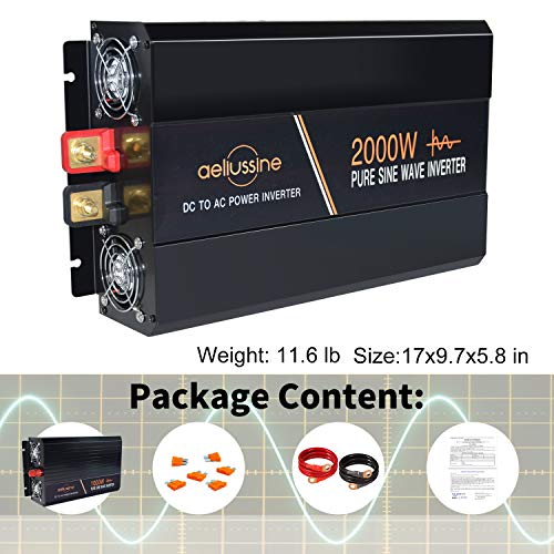 aeliussine Power Inverter 2000W Pure Sine Wave 12v DC to AC 120v Peak 4000 Watt Converter with LCD Display USB Charge Port for Car RV Boat Solar Power System.