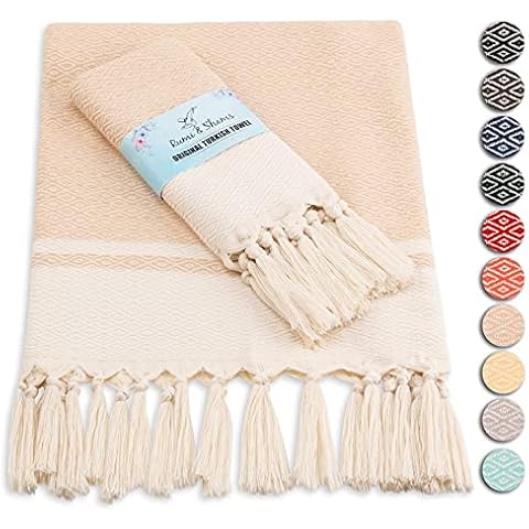 RUMI & SHAMS Turkish Hand Towel Set of 2 | 100% Cotton Bathroom Hand Towels | 16 x 32 Inches Kitchen Hand Towels | Decorative Towels for Bathroom | Perfect for Boho Kitchen Decor (Sand) Cover