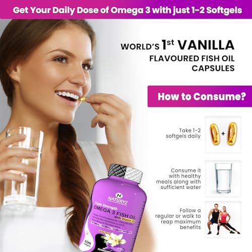 Image of Naturyz Vanilla Flavoured Triple Strength 2500mg Omega 3 Fish Oil with Vitamin D3|Highest Strength 2000 mg Omega 3 Per Serving (EPA 1200mg DHA 800mg) Deep Sea Fish Oil for Unisex-60 Capsules,100 grams