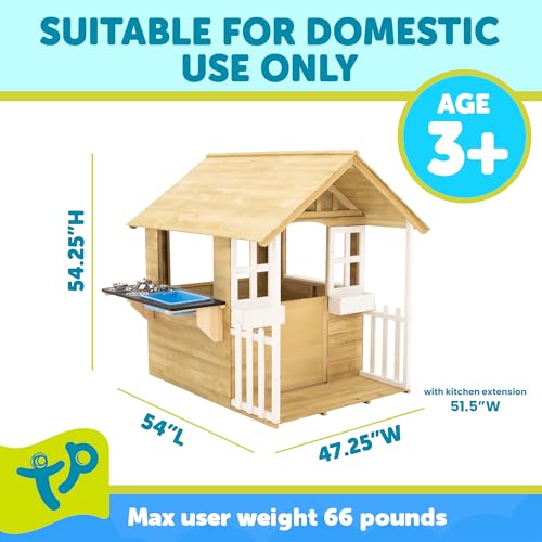 Image of TP Toys Outdoor Kids Kitchen Playset Wooden Playhouse for Kids - Toddler Pretend Play Kitchen, Accessories, Sturdy, Weatherproof, Door, Windows, Sink, Wood Burner Stencils, Easy Assembly, Ages 3+