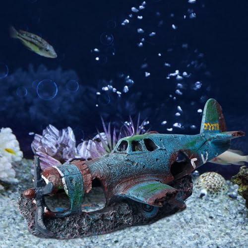 LEKEFETO Aquarium Schiffswrack Flugzeug Dekorationen, Aquarium Dekoration Piratenschiff, Versunkenes Schiff Ornament- Aquarium Luftpumpe Angetrieben Aktion Dekor (kleines Flugzeug)