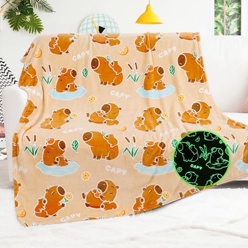 Capybara Gifts Blanket for Kids Glow in the Dark Blankets for Toddlers Girls Boys Ages 3-12 Capybara Birthday Decorations Soft Cozy Yellow Plush Fleece Throws for Bedroom Daycare 40x60 inches