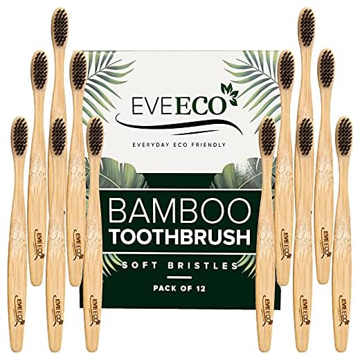 EveEco 12 Count I Bamboo Toothbrush I Soft Bristles Best for Sensitive Gums I Charcoal I Vegan I Natural Wood I BPA Fee I Recyclable I Compostable I Biodegradable | Environmentally Friendly