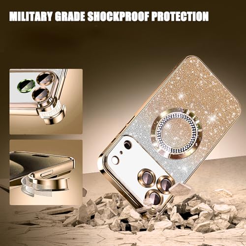 Image of Misscase for iPhone 17 Pro Magnetic Glitter Case Compatible with MagSafe,Full Protection Slim Shockproof Anti-Scratch Case with Camera Lens Protector Plating Bling Dust-Proof Net Gold