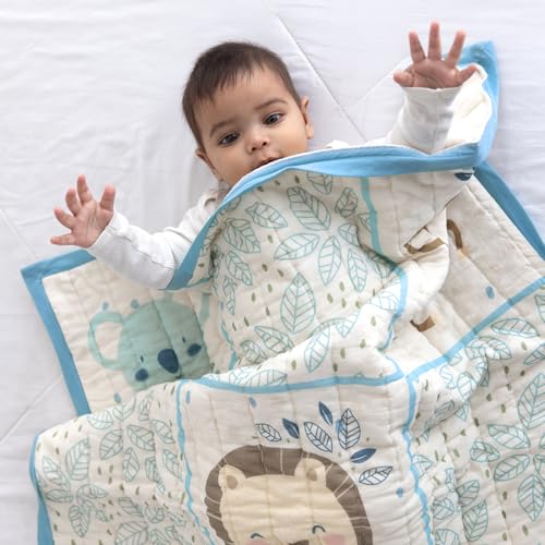 Image of TIDY SLEEP Mulmul Cotton Baby Blanket - Super Soft & Lightweight Comforter for Newborns & Toddlers (0-2 Years) - Jaipuri Razai, All-Season Use, 110x90 cm - Jungle Family Print