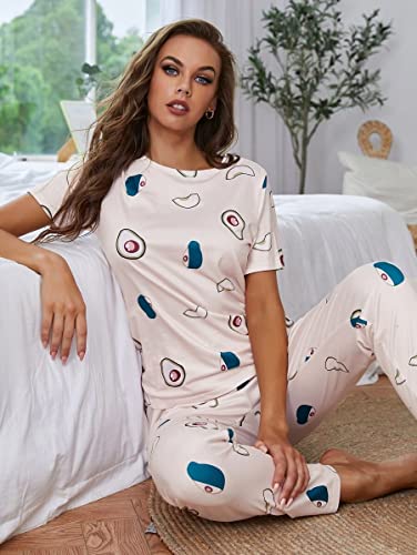 Image of SMOWKLY Polyester Blend Printed Round Neck Short Sleeve Nightsuit Set | Pajama Set | Night Dress for Women (1025 PCH 3XL) Off White
