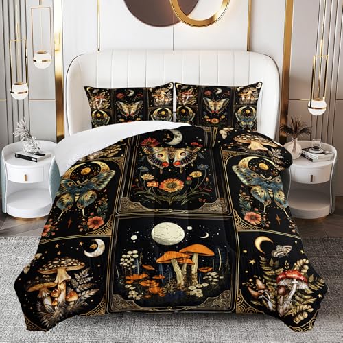OUIXOTIC Mushroom Bedding Comforter Set for Kids Teens and Adults Black Natural Wild Fungus and Butterfly Printed Quilt Set Queen Size 3Pcs Room Decorative with1 Comforter with 2 Pillowcases
