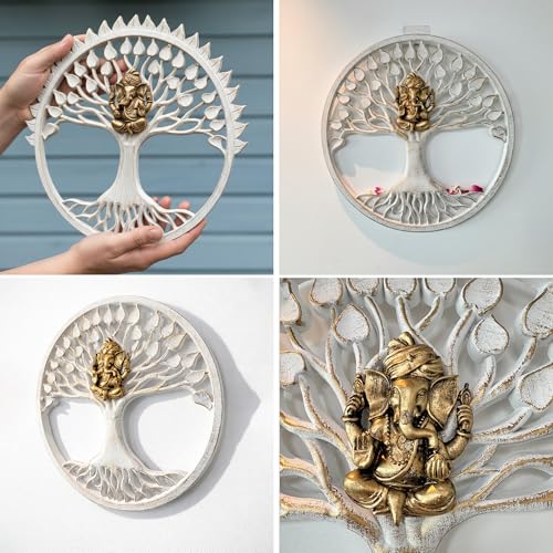 Image of Art Street Ganesha Wall Plaque with Tree of Life Design, MDF Round Plaque, White and Gold Decor, Laser-Cut Lord Ganesha Idol for Pooja Room, Living Room, or Office, Spiritual Home Decor, 40x40 cm