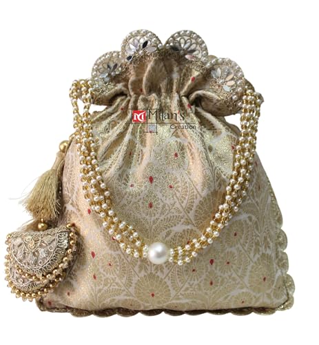 Image of MILAN'S CREATION Pure Banarasi Potli Silk Brocade Bag Purse Drawstring Women's handbag with Pearl Handle & Tassel Weddings