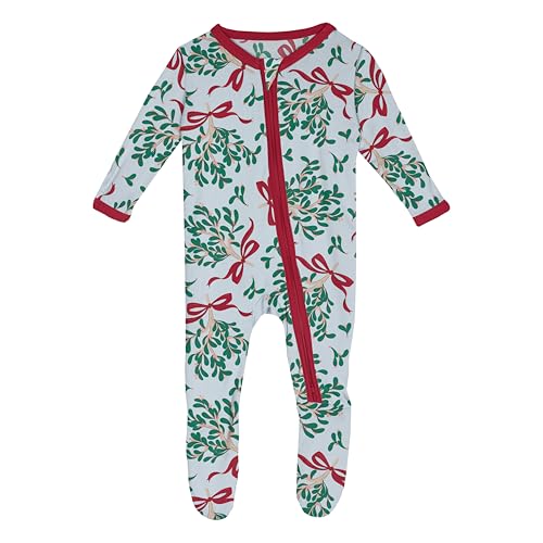 KicKee Print Footie with 2 Way Zipper, Fitted Long Sleeve Pajamas, Ultra Soft Everyday One-Piece Loungewear, Winter Celebration (Illusion Blue Mistletoe & Ribbons - 0-3 Months)