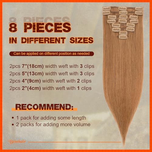 Image of Benehair Clip in Hair Extensions Real Human Hair, Blonde Hair Extensions Clip in Human Hair for Women, Long Straight, Remy Natural, Full Head 8pcs 20inch #6 Light Brown