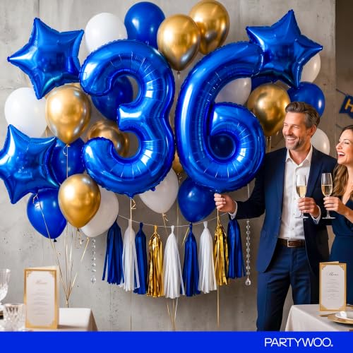 Image of PartyWoo Royal Blue Number 6 Balloon 40 Inch 25pcs Blue Star White Gold