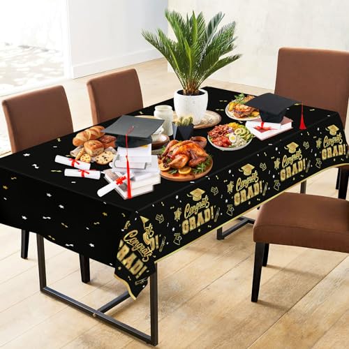 2 Pack Graduation Tablecloth - Congrats Grad Table Cloths, Plastic Disposable Rectangle Black Gold Class of 2026 Table Cover for Graduation Tables Decorations Party Decor Supplies Favors,108 x 54 Inch