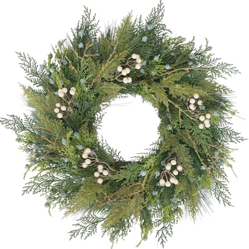 BINFEN 24” Green Faux Pine Christmas Winter Wreath with Cypress