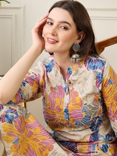Image of Amazon Brand - Tavasya Women Pure Cotton Floral Print Straight Designer Kurta | Regular Wear | Mandarin-Neck | 3 /4th Sleeves