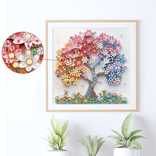 Image of AiYuanzsh Special Shape Diamond Art Kits for Adults, Blossom Tree 5D Crystal Diamond Art Rhinestone Canvas DIY Wall Decor, Sparkling Floral Diamond Painting for Beginners, 11.8 x 11.8 inch