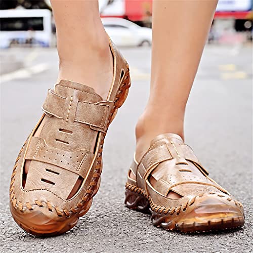 Comfortable Handmade Men Sandals Genuine Leather Soft Men's Shoes Retro Sewing Casual Beach Shoes(Beige,45 Code)2