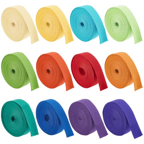 BENECREAT 39.37 Yards 12 Colors Heavy Polycotton Webbing, 1Inch Mixed Webbing Straps for Bags Handles, Tote Bag Webbing, Cloth Belt, Making Outdoor Supplies (Bright Color)