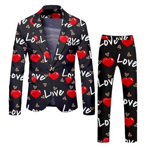 Cexiakong Traje estampado en forma de corazón de 2 piezas para hombre, traje estampado en forma de corazón, traje para hombre, para cena, baile de graduación, boda, blazer, O negro., S