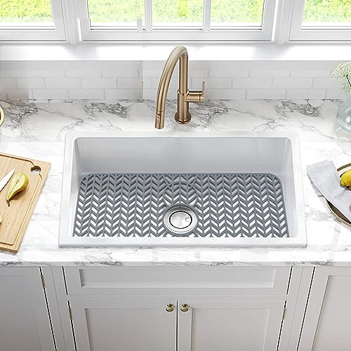 Image of GUUKIN Sink Protectors for Kitchen Mat - 29 inchx 15.35 inch Silicone Kitchen Sink Mat Grid for Bottom of Farmhouse Stainless Steel Porcelain with 3 Reserved Holes(Grey)