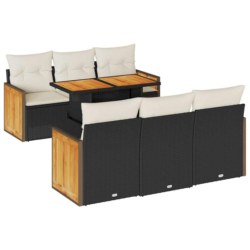 Set lounge modulare in polyrattan e acacia, 7 pezzi, colore nero, con cuscini e vano portaoggetti