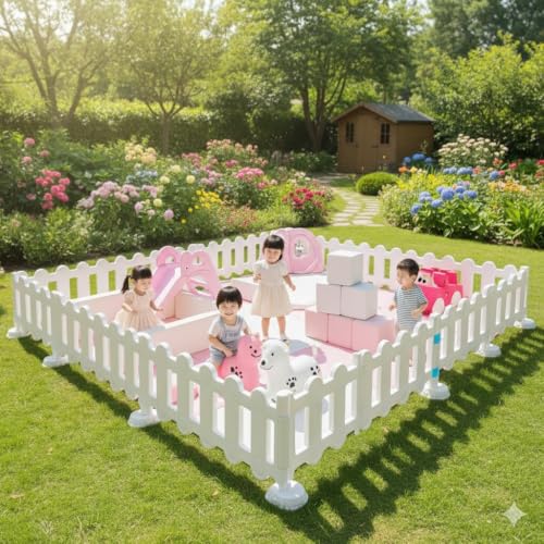 Image of Playpen for Babies upto 5 year Baby Play Area Indoor Setup Foldable Play Yard Fence for Toddlers Kids Playarea Setup Outdoor Children Play Area with Gate, Balls, Basketball Stand, mat, drawing board sketch (White, 12 Panel)