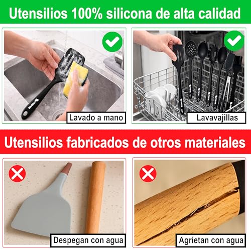 WOLFWAKE 13 Piezas Utensilios de Cocina de Silicona - Menaje de Cocina, con Paletas de Cocina, Cucharones de Cocina, Pinzas de Cocina, Bote Utensilios Cocina, Resistentes al Calor y Antiadherente. - imagen 5