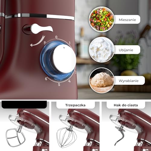 Fentic Robot kuchenny 2000 W, robot kuchenny, procesor żywności, miska do mieszania 6,2 l, w zestawie maszynka do mielenia mięsa, blender i dodatkowe akcesoria (Czerwony)