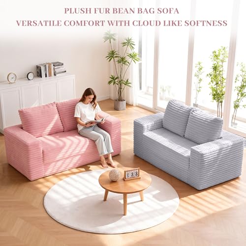 Image of HABUTWAY 62 inch Small Boneless Couch,3-in-1 Convertible Folding Sofa Bed, Corduroy Loveseat Sofa Bed w /2 Pillows for Living Room /Guest Room No Assembly Required, Light Pink