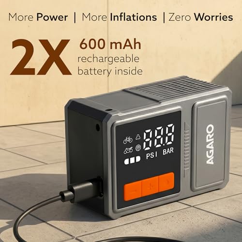 Image of AGARO Mini Tyre Inflator, 150 PSI Inflation, 600mAh X 2 Rechargeable Battery, Type-C, Digital Display, SOS Light, Multi Nozzles, Bike, Cycle, Foot Balls, Inflatables TI1771