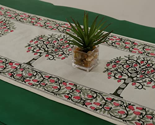 Image of Ravaiyaa - Attitude is Everything Hand Block Printed Cotton Table Runner | Floral Printed Table Runner for Home Decor, Kitchen | 60 x 16 Inch-(Green Tree)
