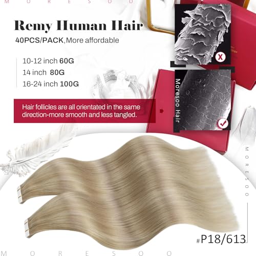 Image of Moresoo Tape in Extensions Human Hair Ash Blonde 14in 40Pcs 80g | Tape in hair extensions human hair blonde, full-set volume, flat tabs, straight texture for center parts, weekend wear