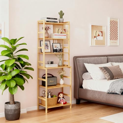EIUTQRU Bamboo Living Room Bookcases 6 Tier Standing Ladder Shelf Bookshelf Multifunctional Narrow Shelving Unit Storage Rack for Garage kitchen Office Bookroom Corner 42 x 30 x 160 cm