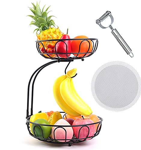 JOMAY 2 Tier Fruit Basket With Banana Hanger Tiered Fruit Basket For Kitchen Counter Vegetables And Fruit Bowl Countertop Storage Fruit Basket Stand