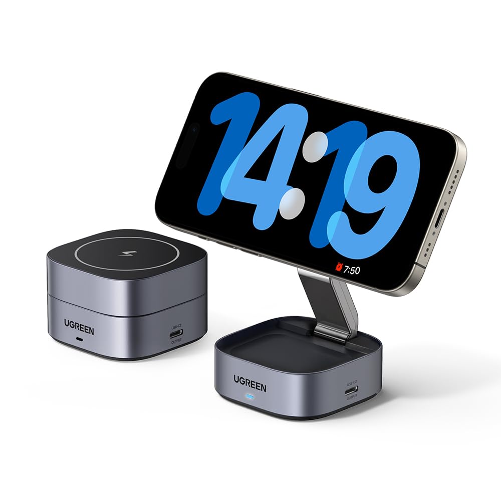 UGREEN MagFlow Wireless Charger for 2 in 1 magsafe Foldable Magsafe Charging Stand 7.5W iPhone 16/16 Plus/15 Pro/15 Pro Max/14/13/12 Series, AirPods 3/2/Pro and More 2 USB C Port (No USB C Charger
