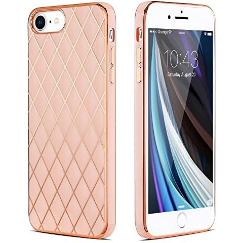 Lafunda for iPhone SE 2022 Case,SE 2020 Case, iPhone 8 Case, iPhone 7 Case, Glitter Cute Phone Case for Women Girls Gold Lattice Pattern Comfortable Soft TPU Shockproof Protective Bumper, Pink Cover