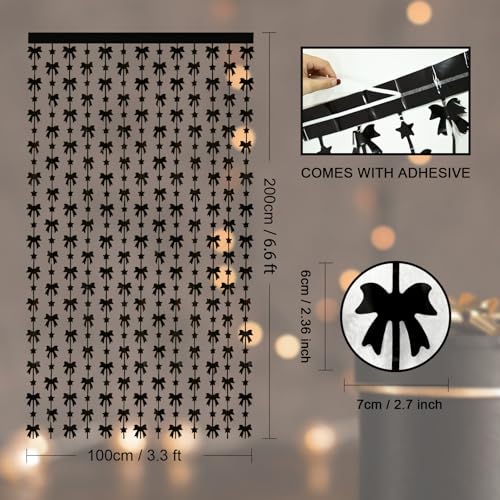 Image of Menstarsi Bow Foil Fringe Curtains, Black Bow Birthday Backdrop, 2 Pack | Bow Party Decorations Black Birthday Party Supplies Photo Booth Props Streamers for Bachelorette Girl Baby Shower Party Decor