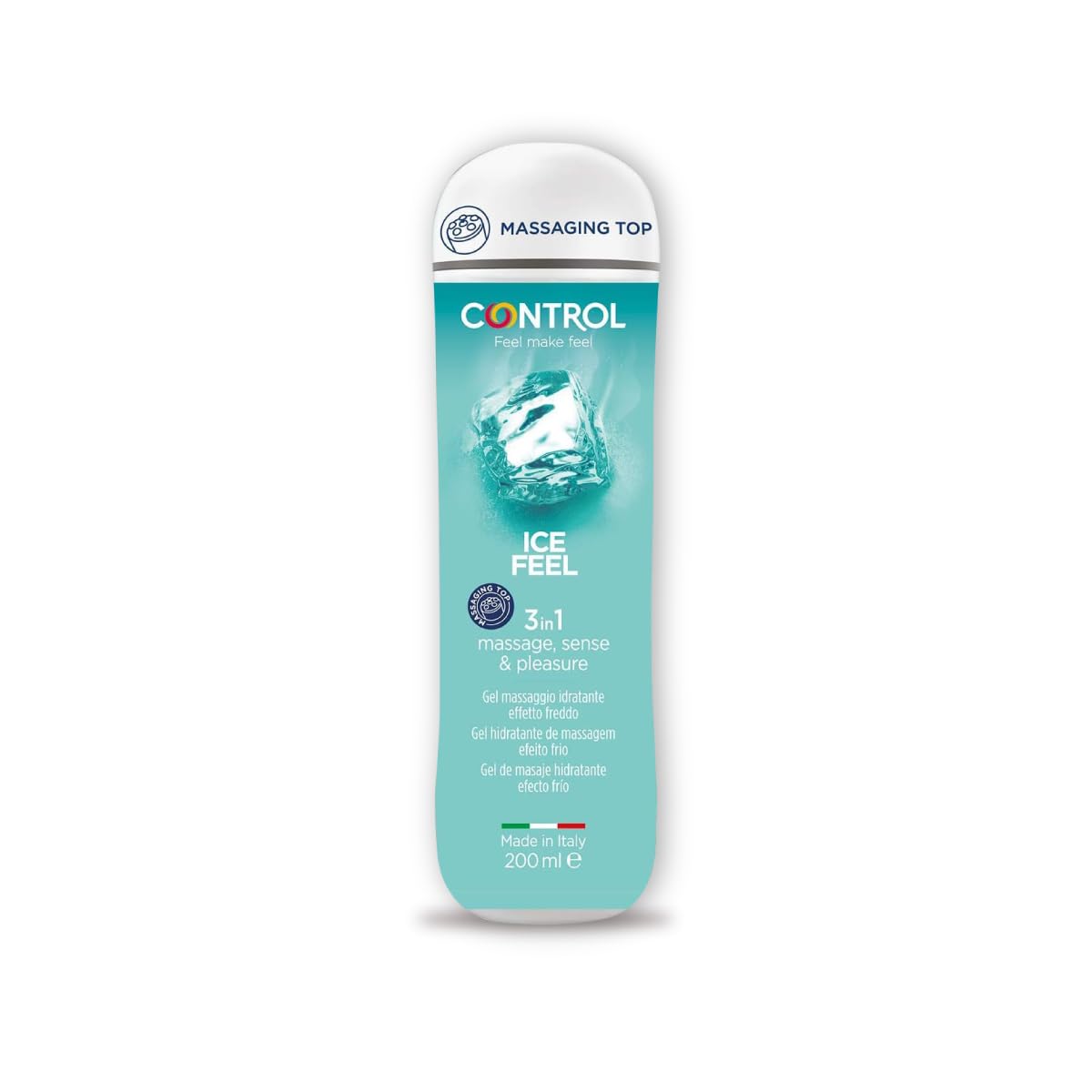 Control Ice Feel - Gel de Masaje Corporal con Efecto Frío y Tapón Masajeador - 200 ml - Base acuosa - Compatible con preservativo - Hidratante - Hipoalergénico - Sin azúcar - No mancha