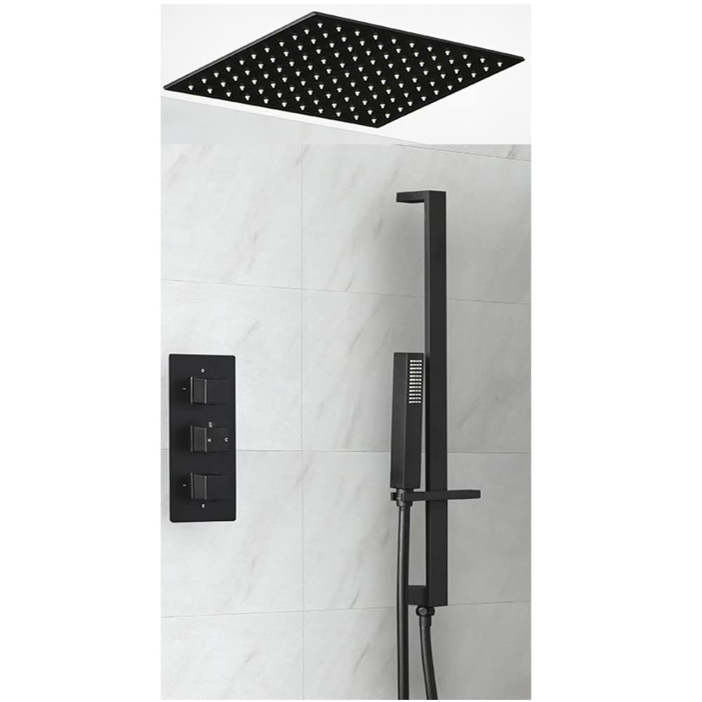 Milano Black Preto Thermostatic Mixer Valve 400Mm Recessed Rainfall Shower Head Handset Riser Rail