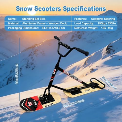 Sci da neve e scooter ibridi 2026 con sistema di rotazione a 360°, triplo rinforzo in alluminio, capacità 150 kg, slitta da neve pronta all'avventura