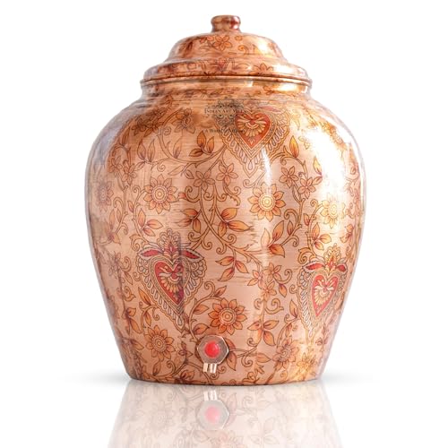 Image of Indian Art Villa Printed Leaf Design Copper Water Dispenser Pot Matka, Storage, Home Kitchen Garden, 13 LTR