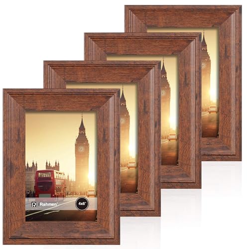 Image of iRahmen 4x6 Picture Frame Set of 4, Brown Rustic Retro Photo Frame with Real Glass, Wood Farmhouse Style 4 x 6 Frames for Wall Mount and Tabletop Display