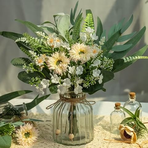 JARELING Artificial Flowers in Vase Silk Flowers Artificial Greenery Stems Set with Vase Faux Flower Arrangement with Vase Home Office Decoration, Dining Table Centerpiece(White, with Vase) Cover