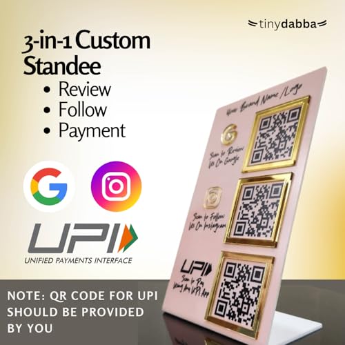 Image of Custom Combo 3-in-1 Standee | QR Enabled | Connect Review, Instagram, UPI QR | 5x8 Inch Golden Premium With 3 QR