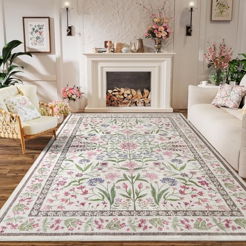 Image of Amearea 6x9 Feet Floral Area Rugs for Living Room, Boho Pink Rugs for Bedroom Girls, Cute Kids Room Print Carpet Vintage Low Pile Machine Washable Area Rug, Office Nursery Dining Room Farmhouse Decor
