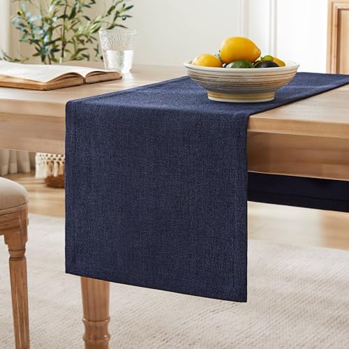 Image of ZeeMart Burlap Style Farmhouse Table Runners 36 Inches Long, Navy Rustic Woven Dining Table Runner for Everyday Use, 14x36 Inches, Navy