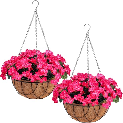 Lyrow Paquete de 2 flores artificiales colgantes en canasta, plantas de porche falsas, arreglo de hortensias artificiales en forro de coco de 12 pulgadas, decoración colgante de flores para exteriores